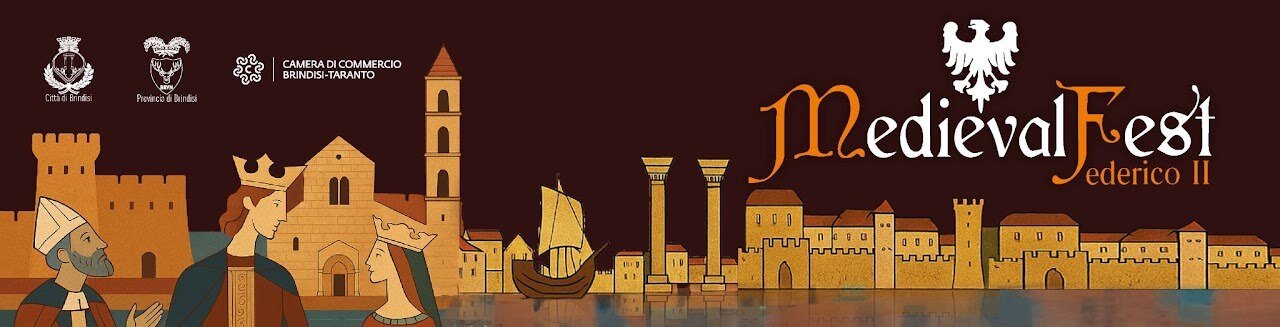 Banner ufficiale del Medieval Fest: illustrazione della Brindisi medievale con Federico II e Isabella, logo e patrocini