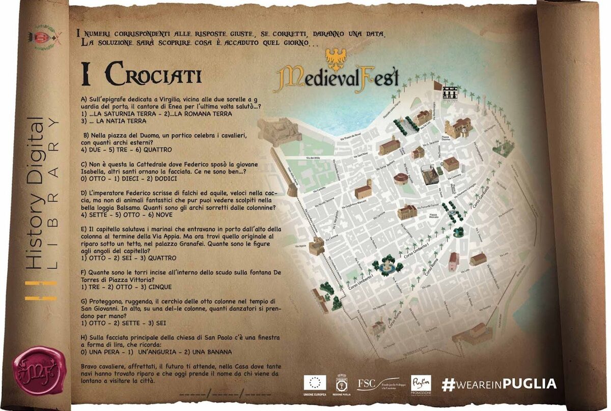 Scheda di gioco della caccia al tesoro I Crociati con mappa illustrata del centro storico di Brindisi