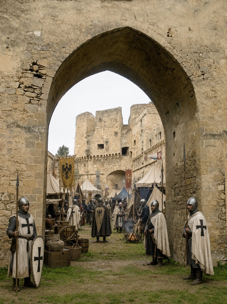 Illustrazione dell'accampamento medievale alla corte del Castello Svevo