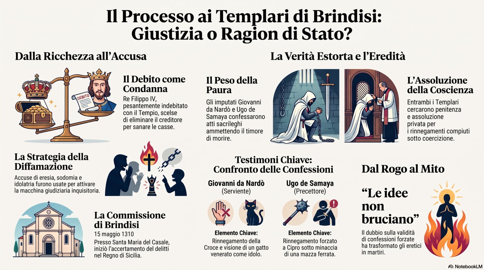 Infografica divulgativa: Il processo ai Templari di Brindisi, giustizia o ragion di Stato - dalla ricchezza all'accusa, i testimoni chiave, dal rogo al mito